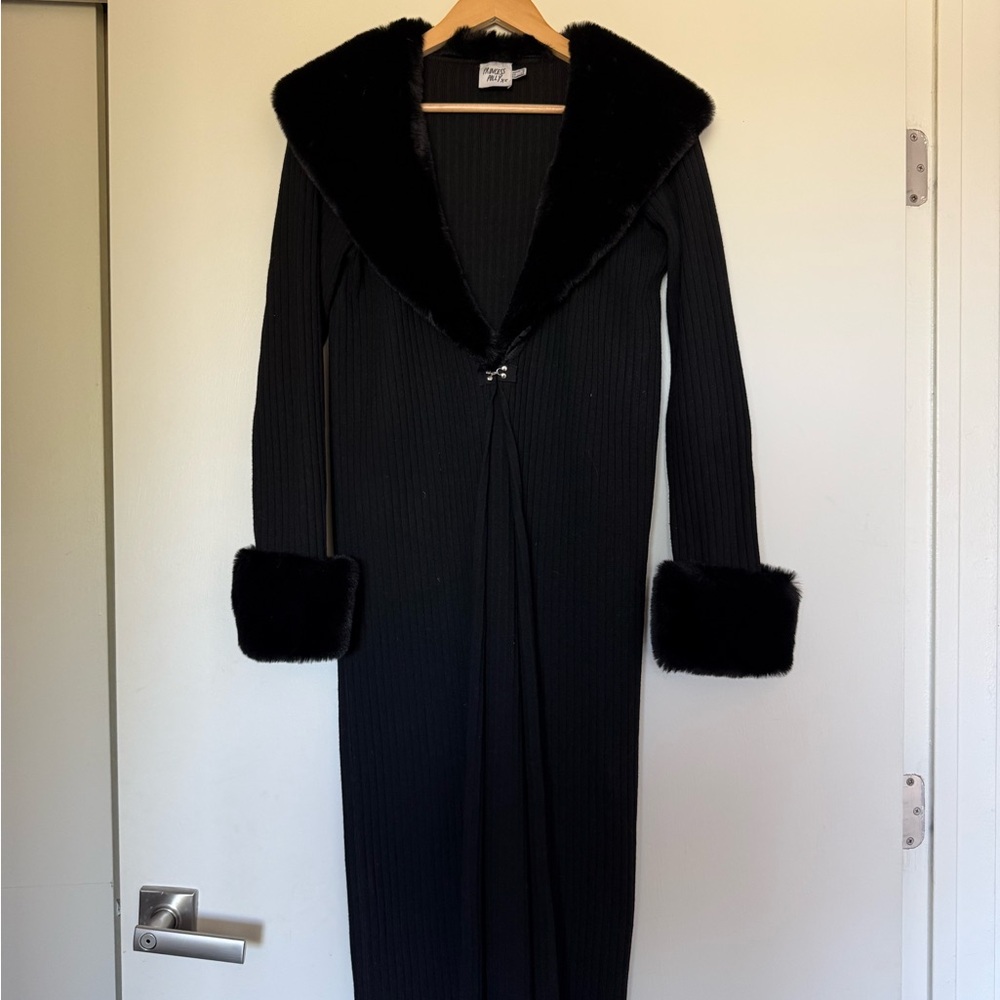 Princess Polly Black Long Ribbed Cardigan Coat with Faux Fur Trim